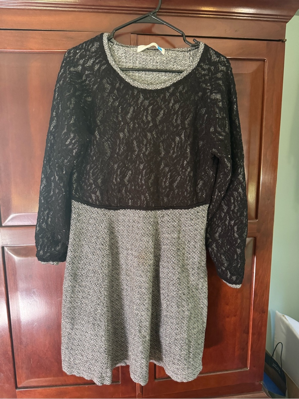 Anthropologie Black Lace Bodice with Gray Knit Skirt Long Sleeve Dress